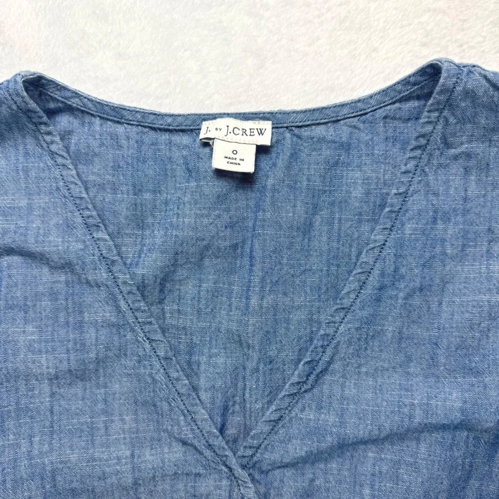 J.Crew Womens Blue Chambray Cotton Linen Flutter Sleeve Wrap Peplum Top Size 0 - Picture 4 of 4